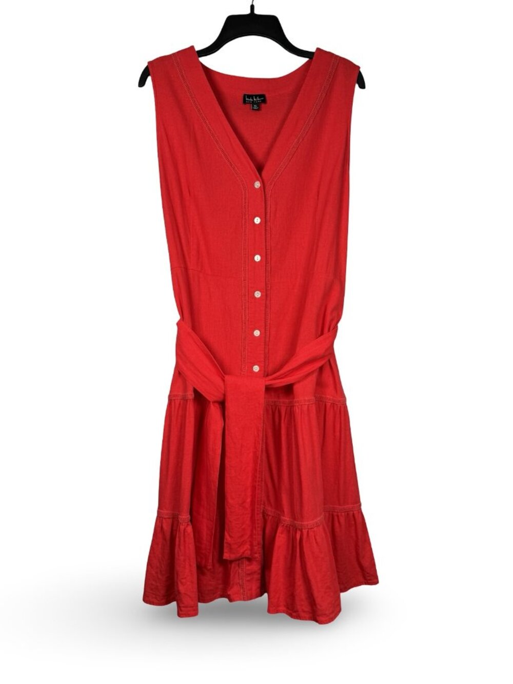 Nicole Miller Linen Blend Sleeveless Boho Tiered Dress Women XL Red V-Neck Midi